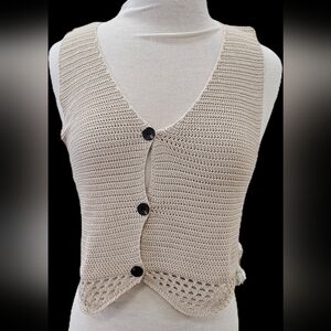Beige Crochet Button-Up Vest